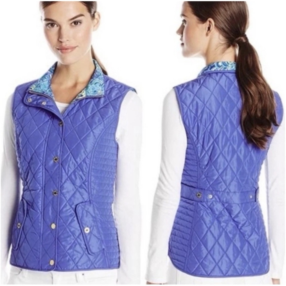 Lilly Pulitzer Blake Getaway Quilted Vest Iris Blue Patterned Lining Women’s Sm
